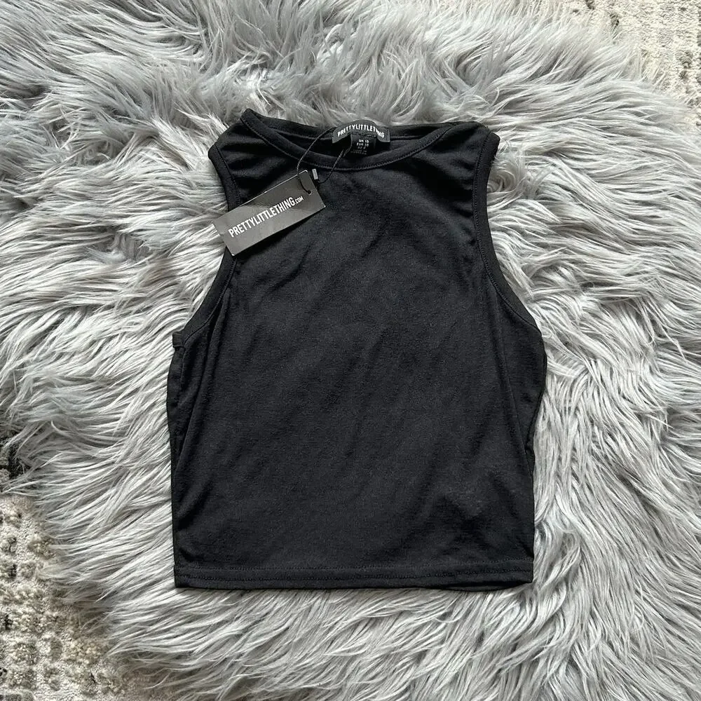 Pretty Little Thing Womens Black Burnout Mesh Racer Crop Top Size 6US - Picture 2 of 3